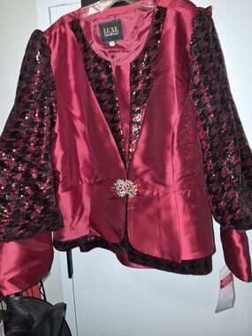 Luxe Burgundy Satin Blazer with Black Sequin-Textured Sleeves